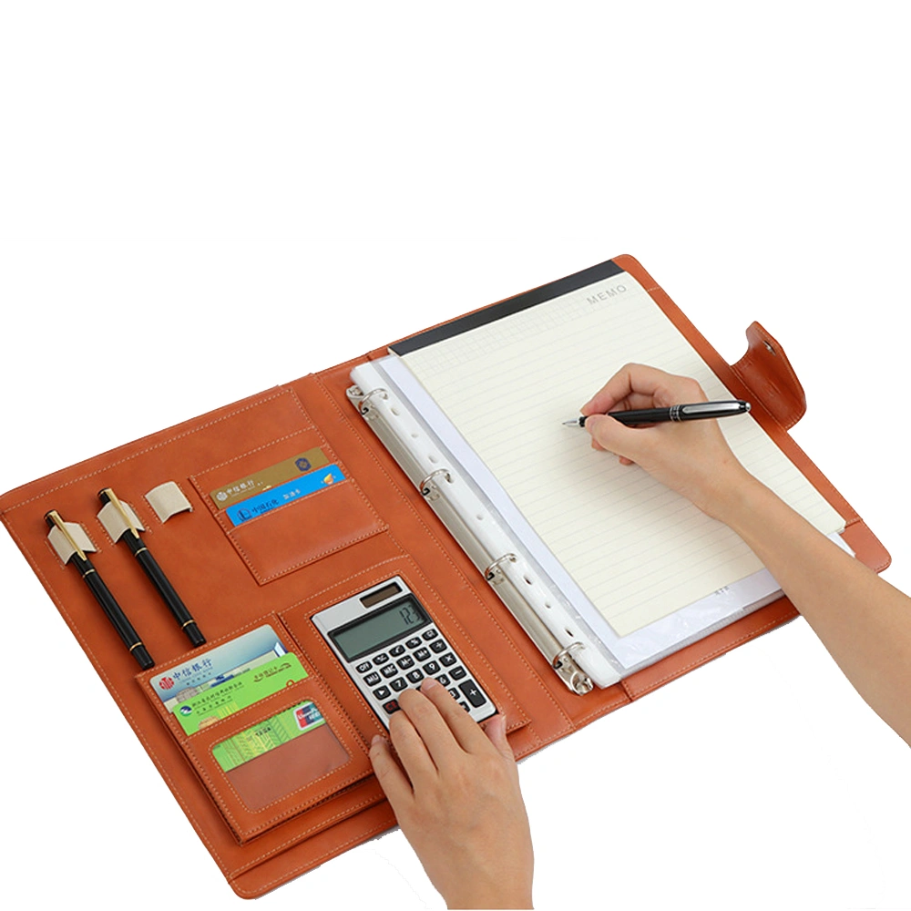 PU Leather Folder Calculator Portfolio 4 Hole Ring Binder with Card Slots, Pen Loops and Magnet Flap Close